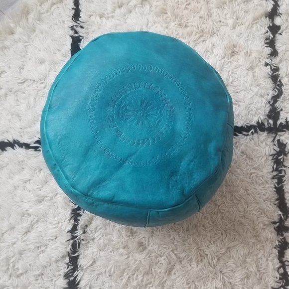 Moroccan Turquoise Leather Ottoman / Footstool - Picture 3 of 4